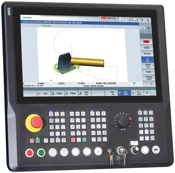 Control panel and monitor of the UMILL 630 in conjunction with the flexible CNC system SINUMERIK ONE.